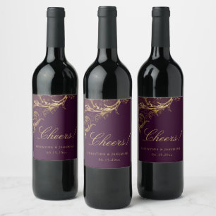 Vintage Purple Gold Floral Damask Cheers Wedding Wine Label