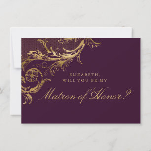 Vintage Purple Gold Floral Damask Matron of Honour Invitation