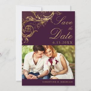 Vintage Purple Gold Floral Damask Photo Wedding Save The Date