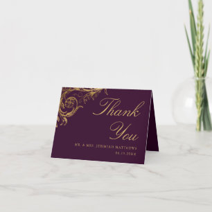 Vintage Purple Gold Floral Damask Photo Wedding Thank You Card