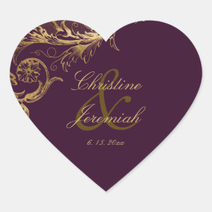 Vintage Purple. Gold Floral Damask Script Wedding Heart Sticker
