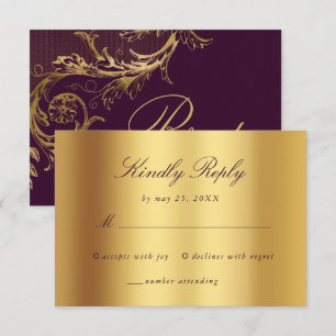 Vintage Purple Gold Floral Damask Script Wedding RSVP Card
