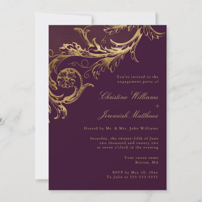 Vintage Purple Gold Floral Engagement Party Invitation (Front)