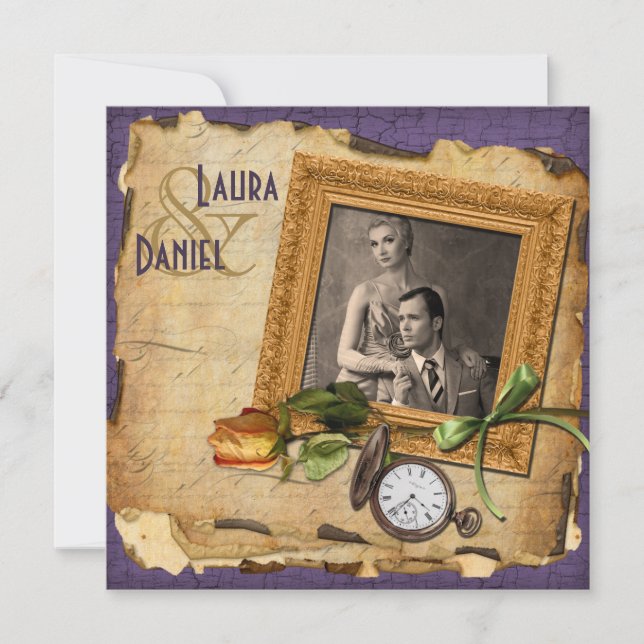 Vintage Purple Gold Frame Photo Wedding Invite (Front)