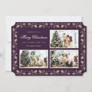 Vintage Purple Gold Holly Family 3 Photo Christmas Holiday Card