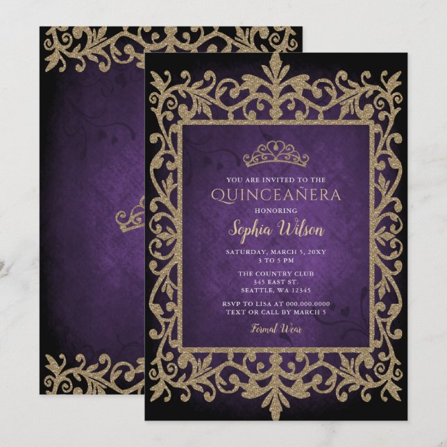 Vintage Purple Gold Princess Tiara Quinceañera   Invitation (Front/Back)