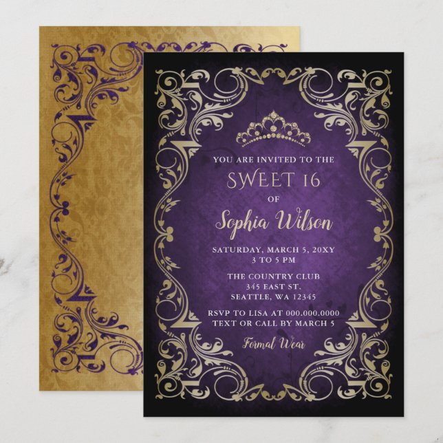 Vintage Purple Gold Princess Tiara Sweet 16  Invitation (Front/Back)