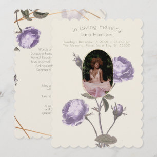Vintage Purple/Green Floral Photo Funeral Program Invitation