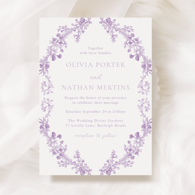 Vintage Purple Lavender Floral Wreath Wedding Invitation (Creator Uploaded)