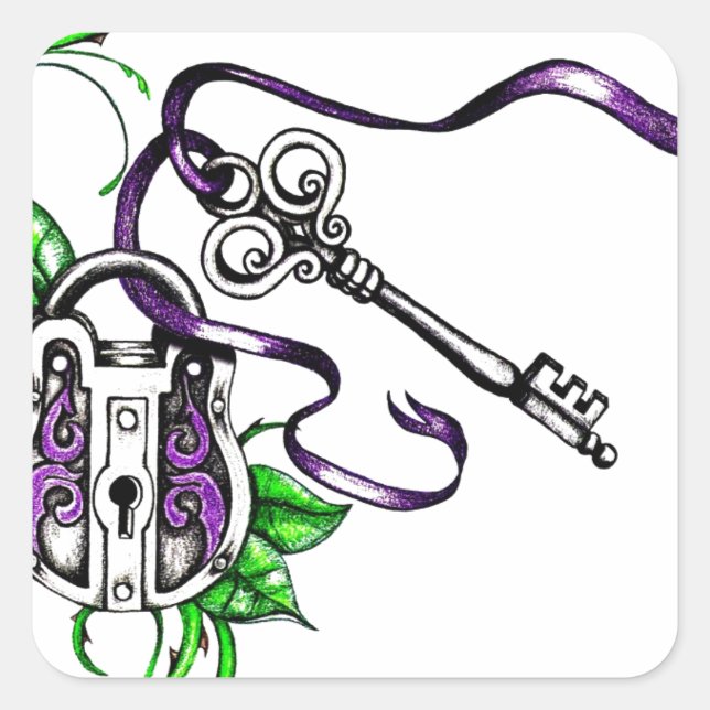 Vintage purple Lock and Key design Square Sticker (Front)