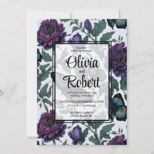 Vintage purple magenta floral butterflies wedding invitation