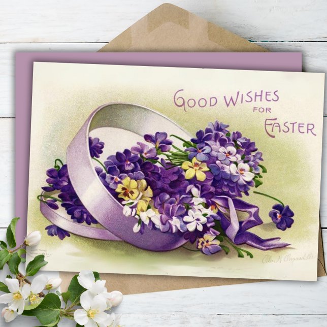 Vintage Purple Pansies Easter Wishes Custom Holiday Card (Vintage Purple Pansies Easter Wishes Custom Holiday Card)