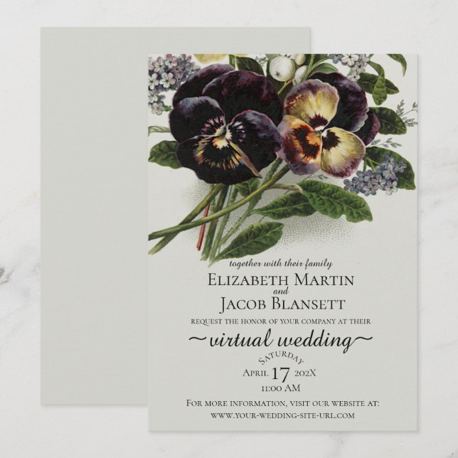 Vintage Purple Pansy Virtual Wedding Invitation (Front/Back)