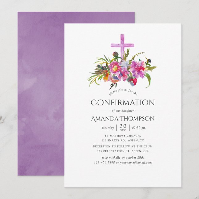 Vintage Purple Peonies Confirmation Invitation (Front/Back)