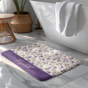 Vintage Purple Pink Floral Script Name Bath Mat