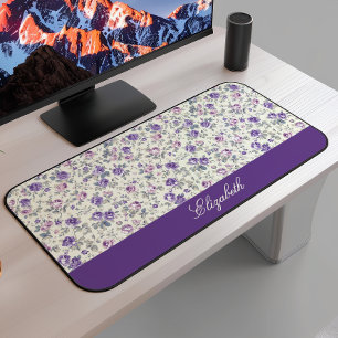 Vintage Purple Pink Floral Script Name Desk Mat
