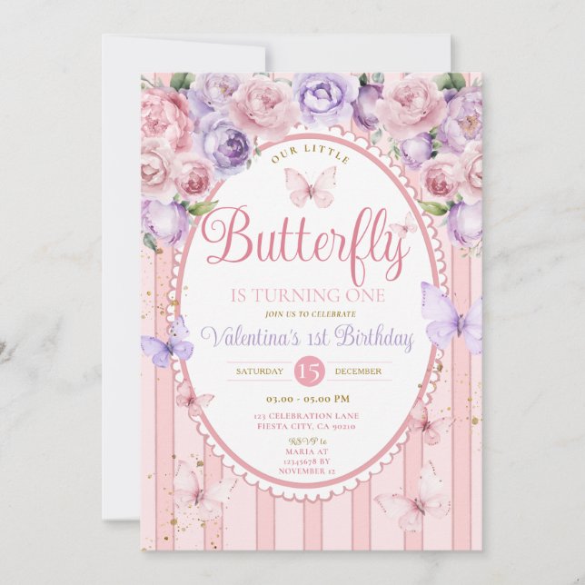 Vintage Purple Pink Our Little Butterfly Birthday Invitation (Front)