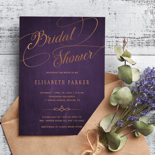 Vintage purple plum gold calligraphy bridal shower invitation (Creator Uploaded)