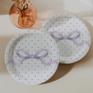 Vintage Purple Polkadot Bow Baby Shower Paper Plate