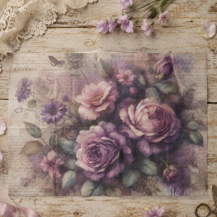Vintage Purple Rose & Botanical Collage Decoupage Tissue Paper