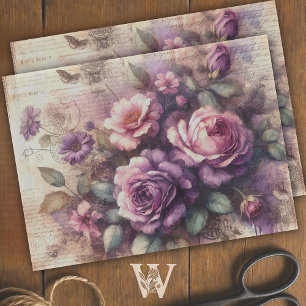 Vintage Purple Rose & Botanical Collage Decoupage Tissue Paper