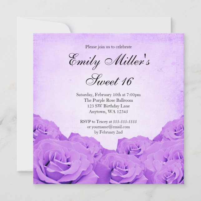 Vintage Purple Rose Sweet 16 Birthday Party Invitation (Front)