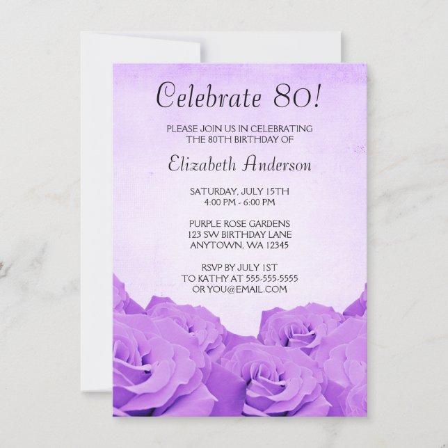 Vintage Purple Roses 80th Birthday Party Invitation (Front)