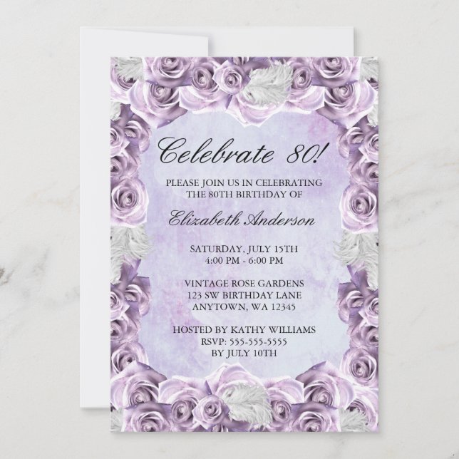 Vintage Purple Roses and Feather 80th Birthday Invitation (Front)