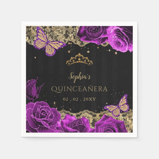 Vintage Purple Roses Black Gold Lace Quinceañera Napkin (Front)