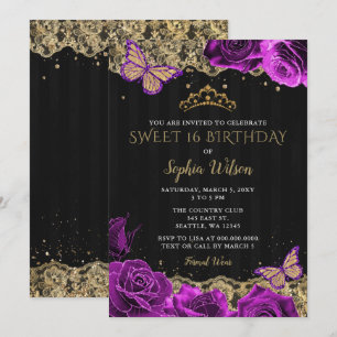 Vintage Purple Roses Black Gold Lace Sweet 16 Invitation