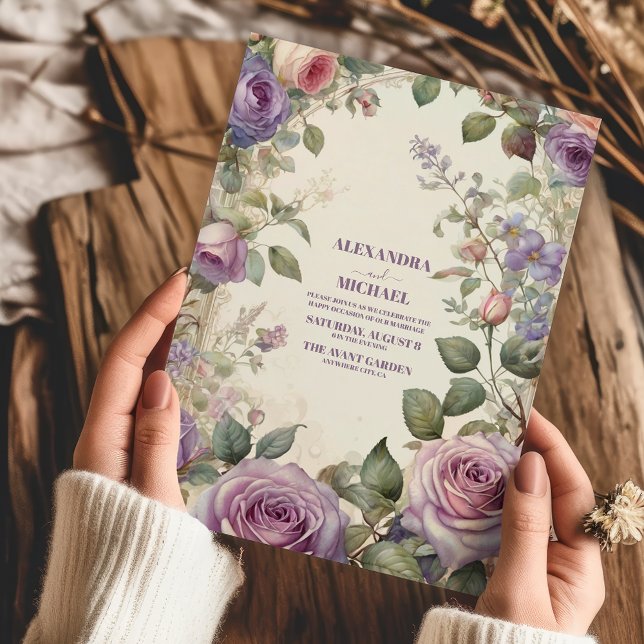 Vintage Purple Roses Floral Wedding Invitation (Creator Uploaded)