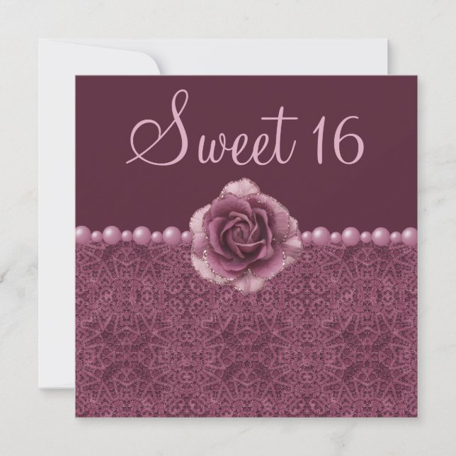Vintage Purple Roses, Pearls & Lace Sweet 16 Invitation (Front)