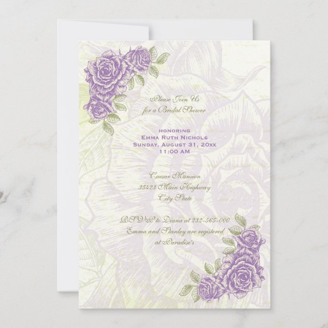 Vintage purple roses wedding bridal shower invite (Front)