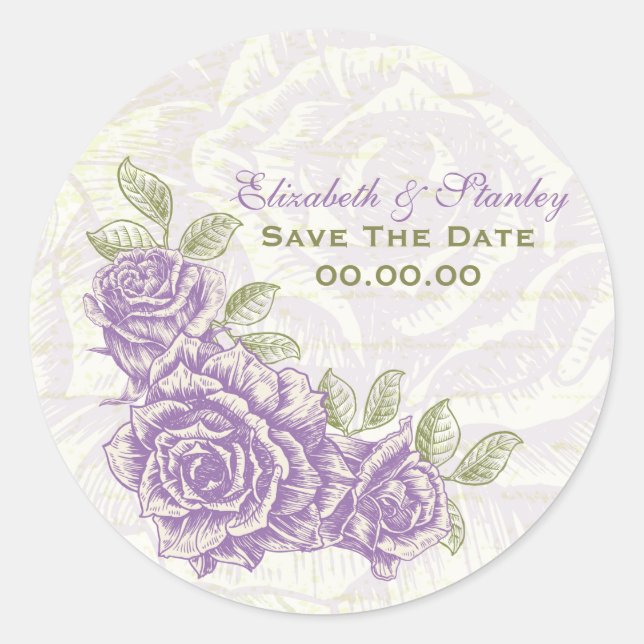 Vintage purple roses wedding Save the Date sticker (Front)