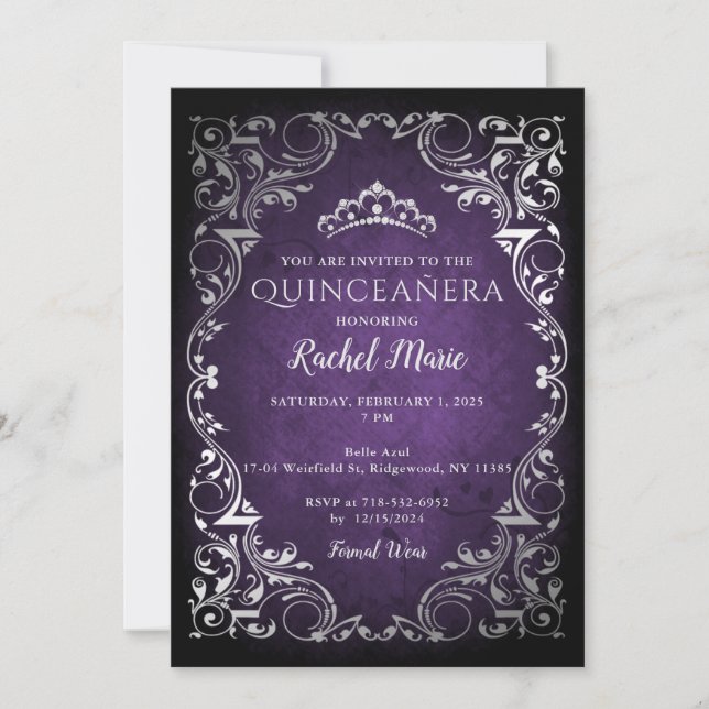 Vintage Purple Silver Princess Tiara Quinceañera Invitation (Front)