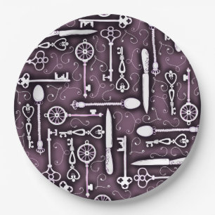 Vintage Purple Steampunk Pattern of Keys Knives Paper Plate