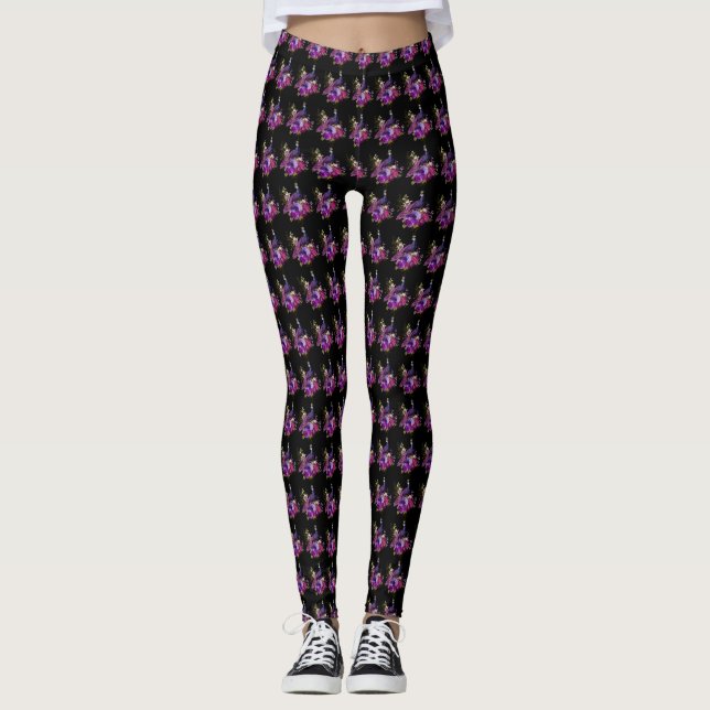 Vintage Purple Tiled Peacock Pattern on Black Leggings (Front)