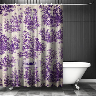 Vintage Purple Toile de Jouy Floral Monogram Shower Curtain