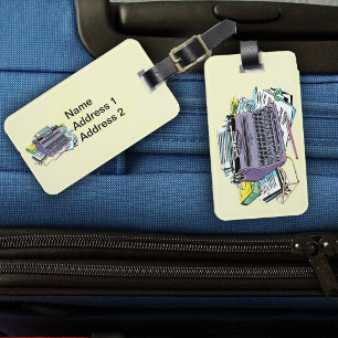 Vintage Purple Typewriter Paper Pencils on Yellow Luggage Tag