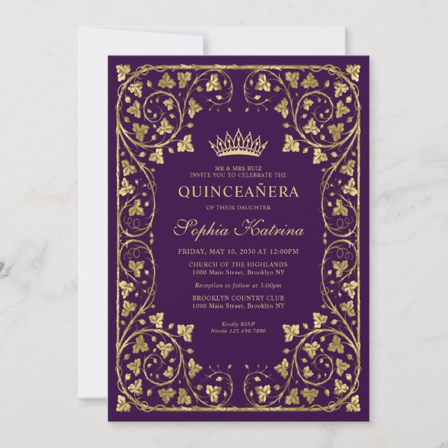 Vintage Purple Violet Gold Frame Tiara Quinceanera Invitation (Front)
