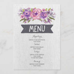 Vintage Purple Watercolor Flowers Wedding Menu