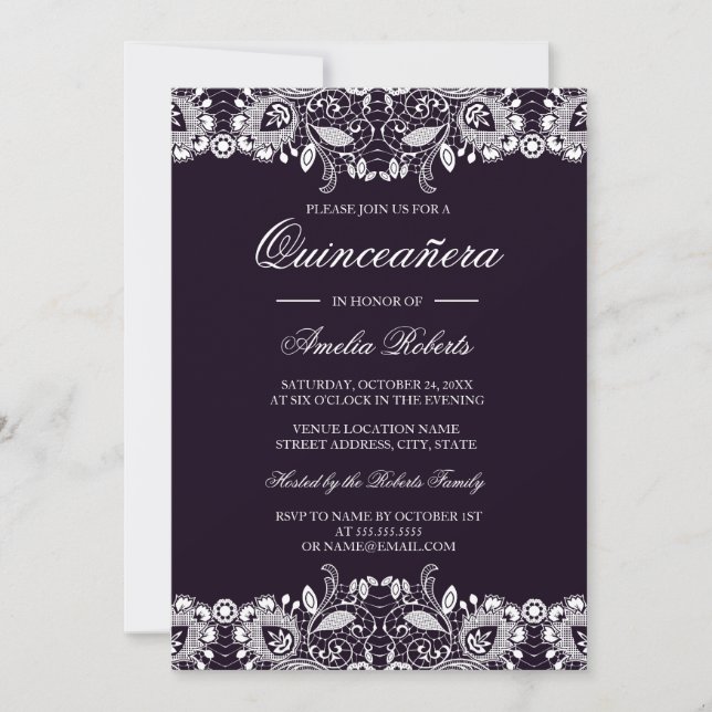 Vintage Purple White Lace Quinceanera Invitation (Front)