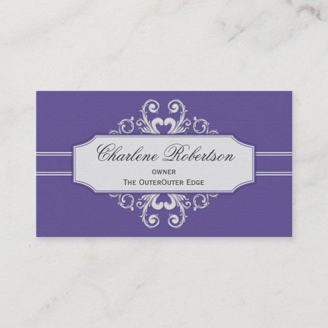 Vintage Purple White Swirls Business Card (Front)