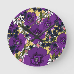 Vintage Purple Wildflowers Round Clock