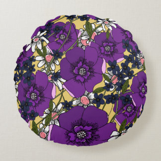 Vintage Purple Wildflowers Round Cushion