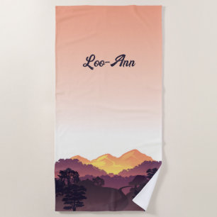 Vintage Purple Yellow Farmhouse Mountain Sunset  Beach Towel