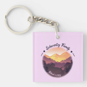 Vintage Purple Yellow Farmhouse Mountain Sunset Key Ring