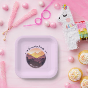 Vintage Purple Yellow Farmhouse Mountain Sunset  Paper Plate