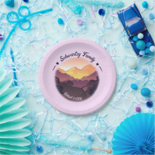 Vintage Purple Yellow Farmhouse Mountain Sunset Paper Plate