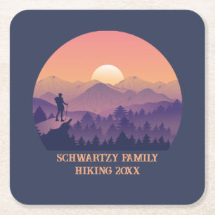 Vintage Purple Yellow Hike Mountain Sunset Square Paper Coaster